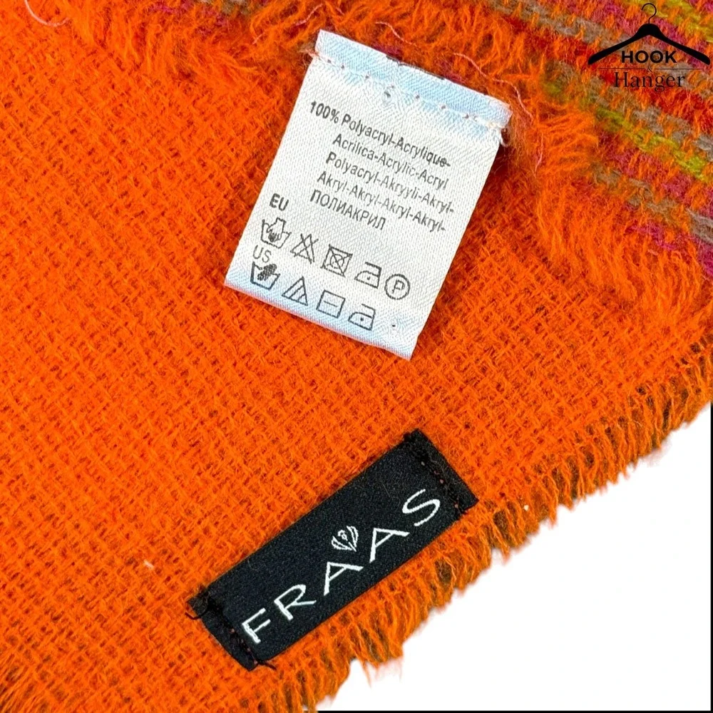 V. Fraas Plaid Blanket Square Scarf German Orange Pink Green Vibrant Wrap Fringe